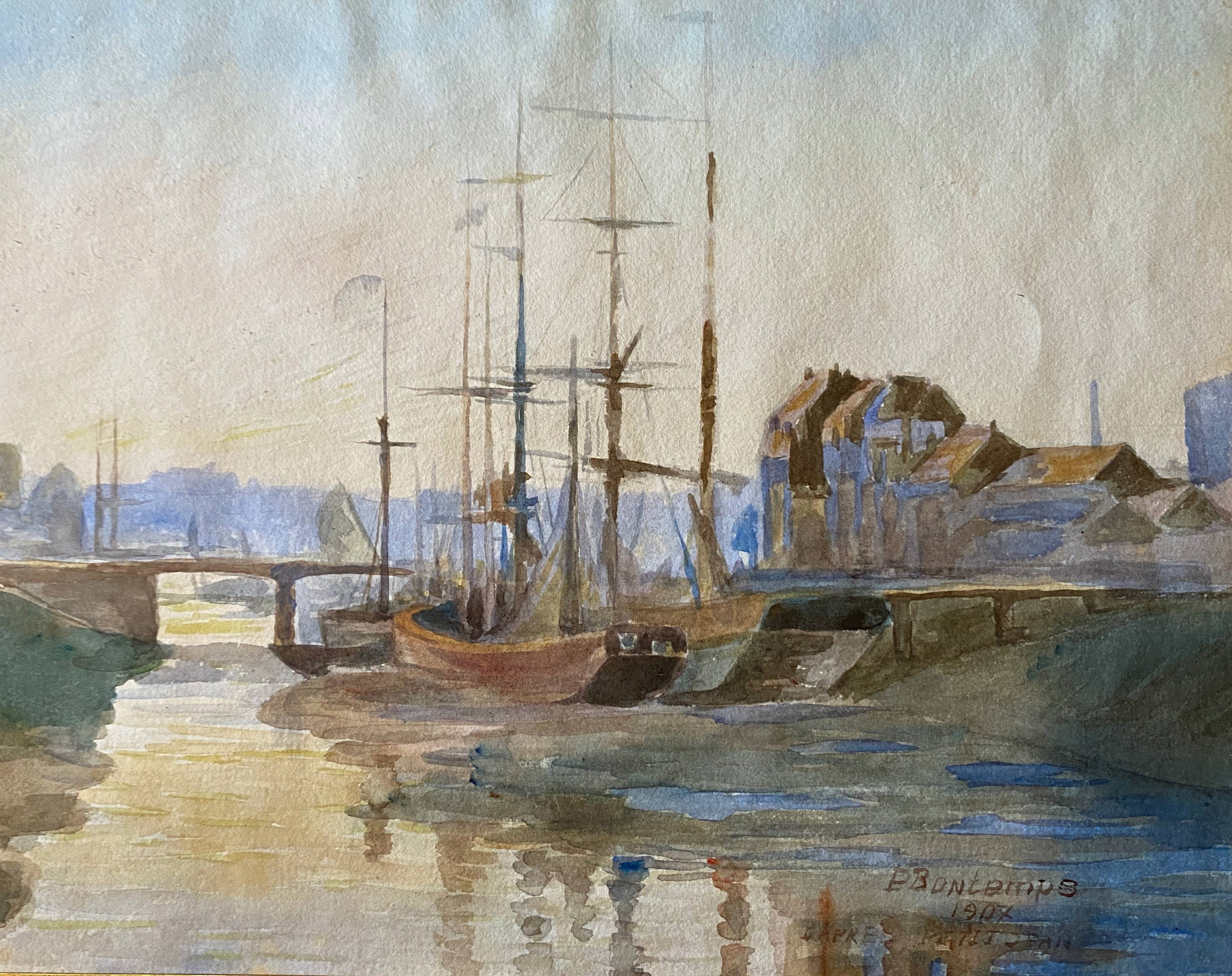 Watercolor Painting Pierre BONTEMPS (1886-1940) Seaport 1907 Brittany?