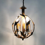 Vintage cage chandelier in aged golden metal and foliage, antique lighting, 3-burner chandelier. Year 60