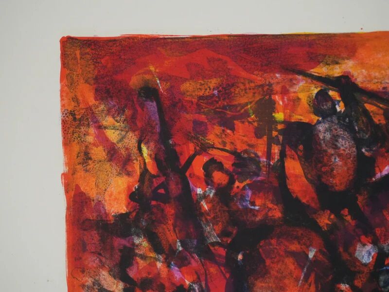 Marcel Mouly : Combat rouge, lithographie originale signée