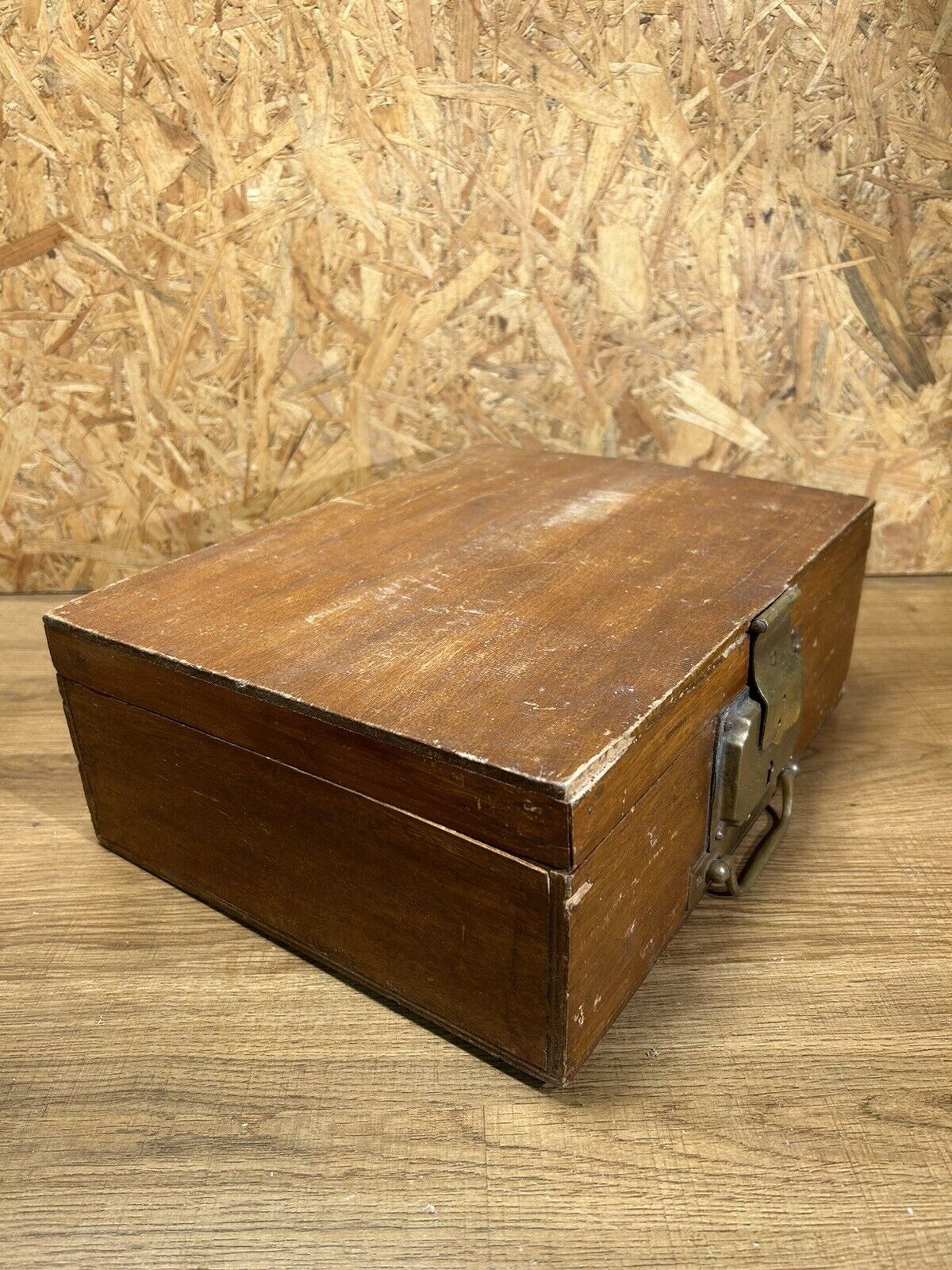 Old wood and brass box, decoration loft workshop, furniture of trades