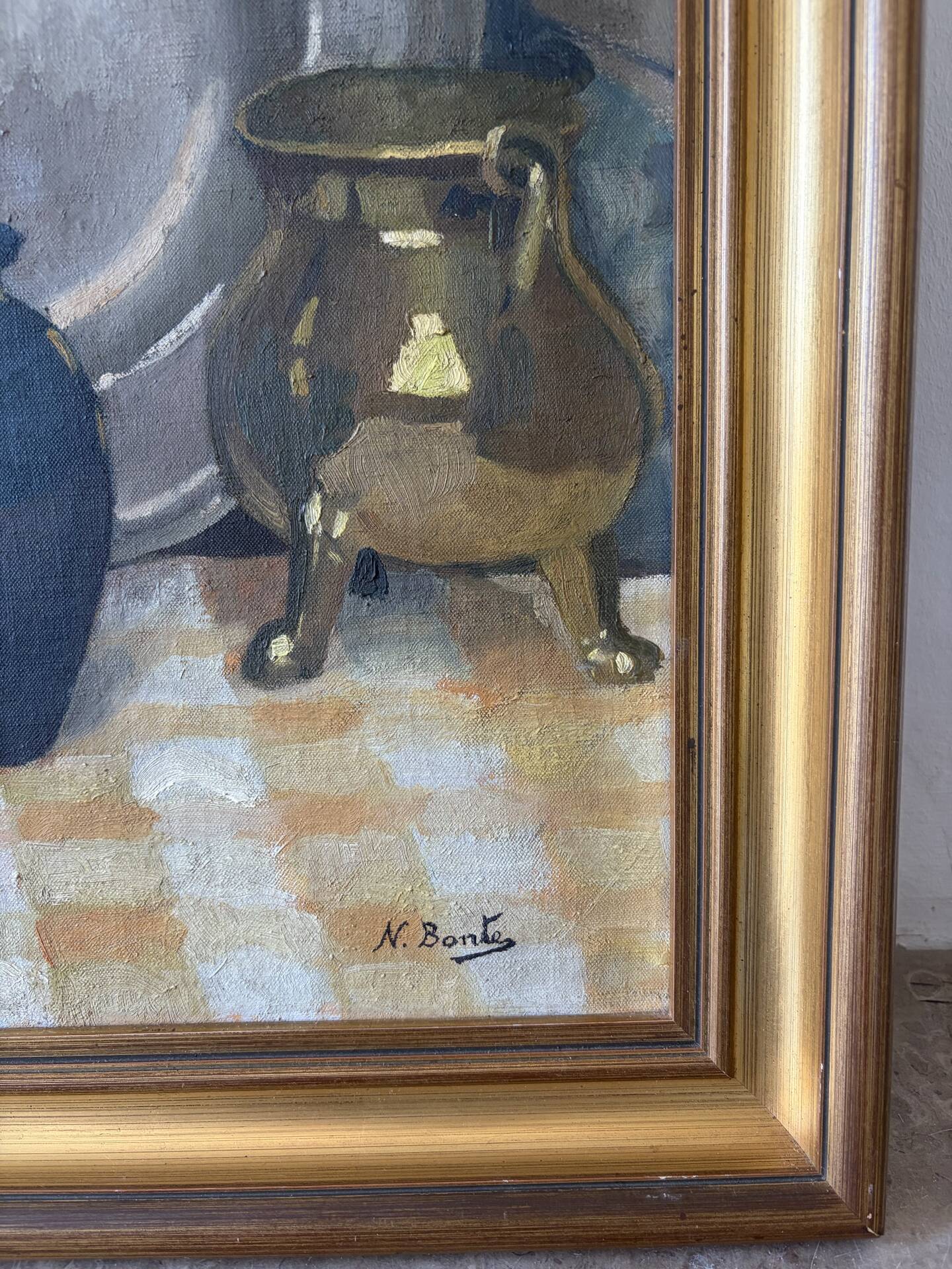 Still life on checked tablecloth, oil on canvas signed N Bonté.