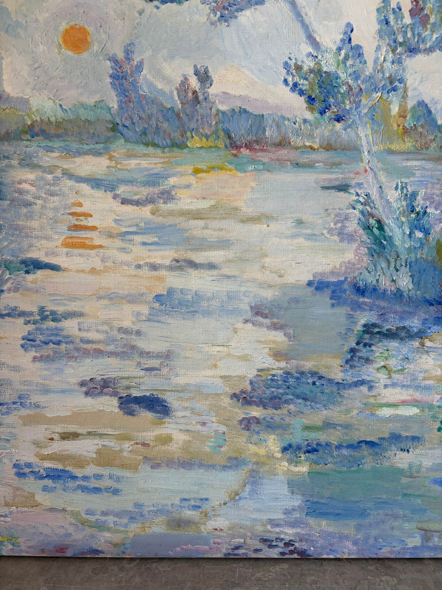 Blue landscape, riverbank, oil on canvas signed 1970
