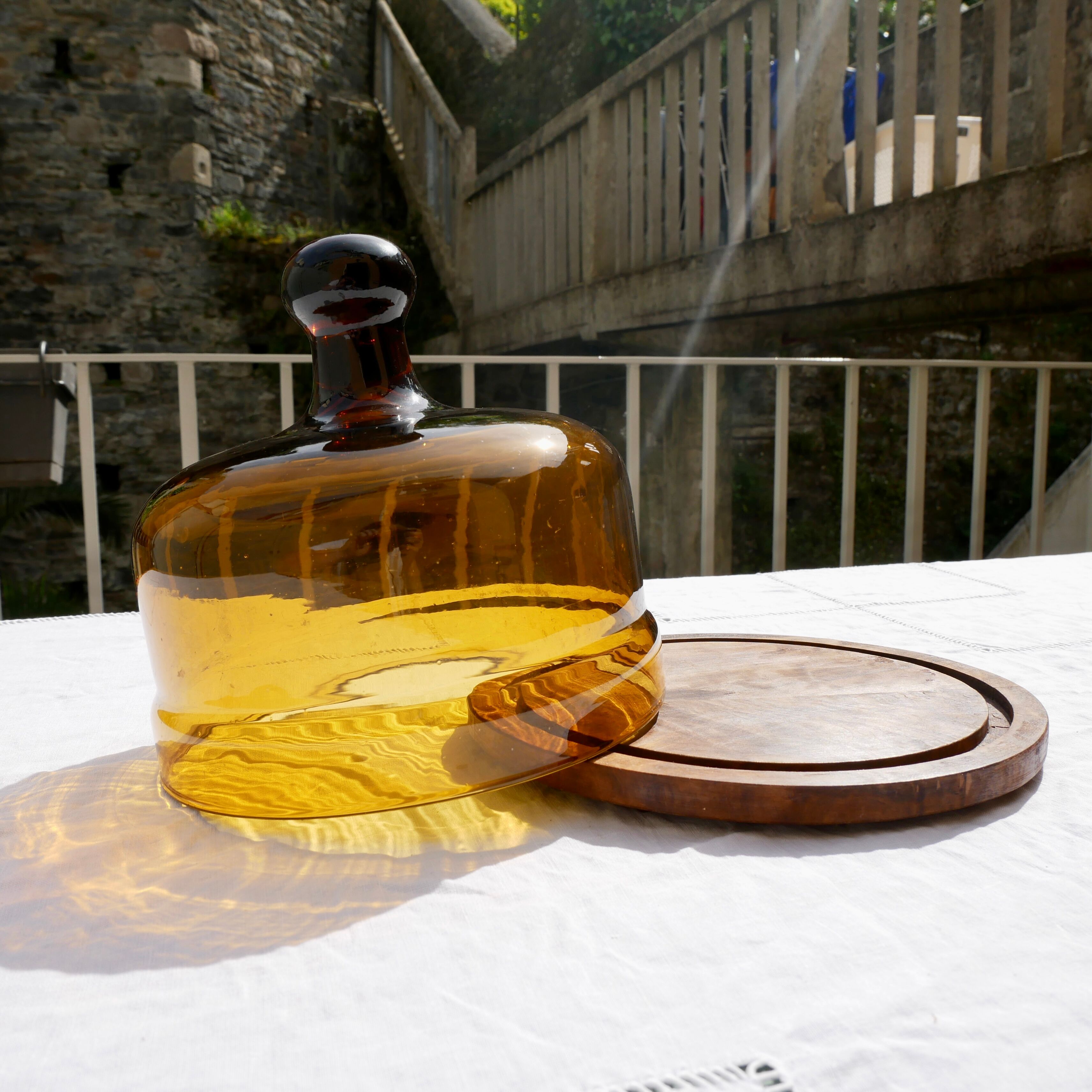 Glass cheese bell with wooden top