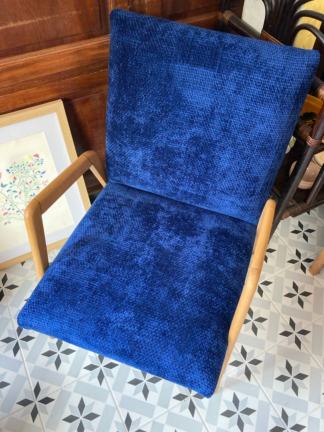 Scandinavian blue velvet armchair