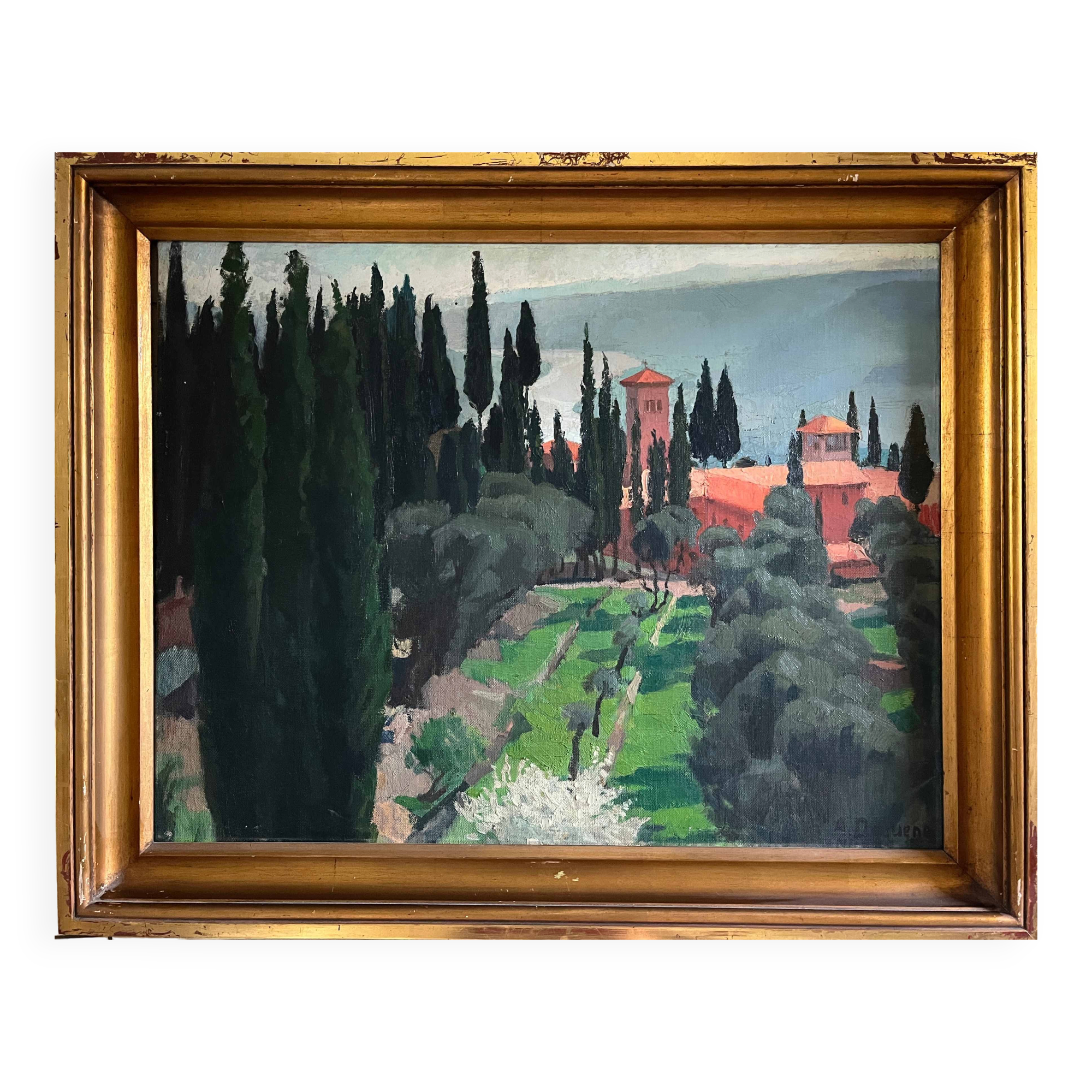 Tableau HSP "Mediterranean Landscape - Nice" 1935 Villa signed A. Deguene