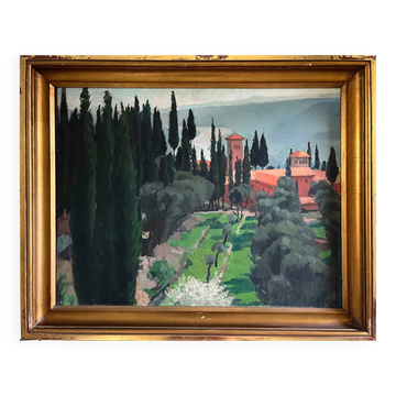 Tableau HSP "Mediterranean Landscape - Nice" 1935 Villa signed A. Deguene