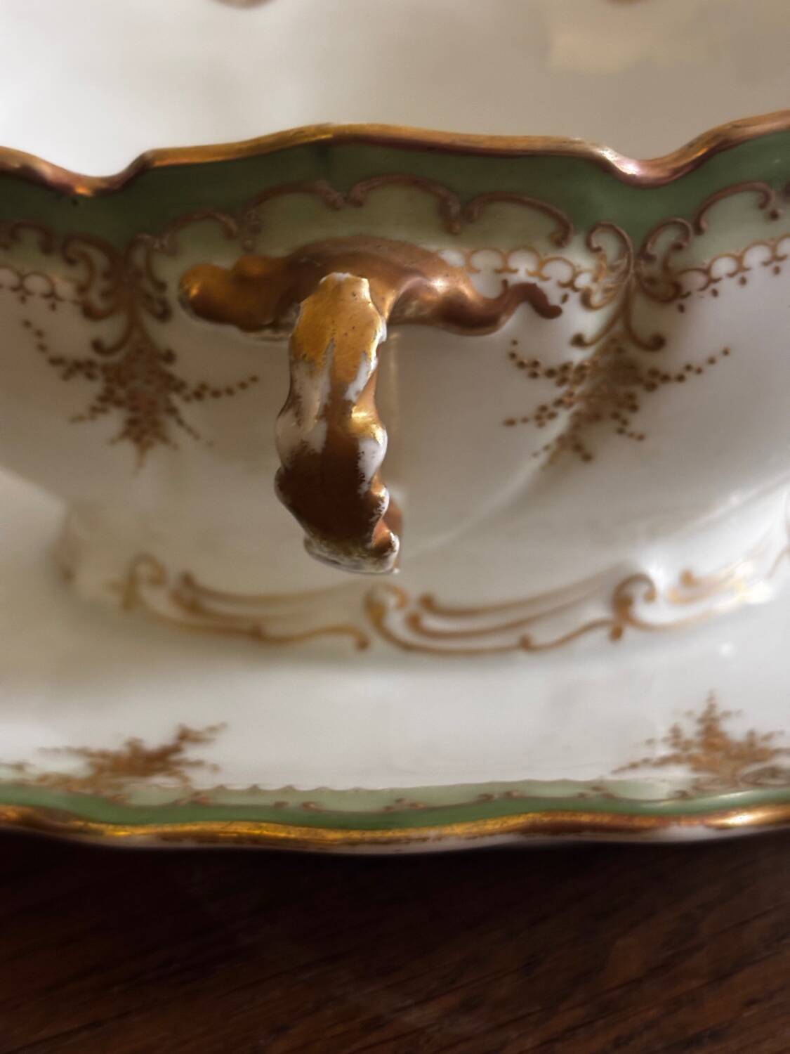 Vintage green Limoges porcelain gravy boat with gilt trim