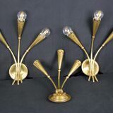Three gilded brass sconces, Maison Lunel, France, 1950's