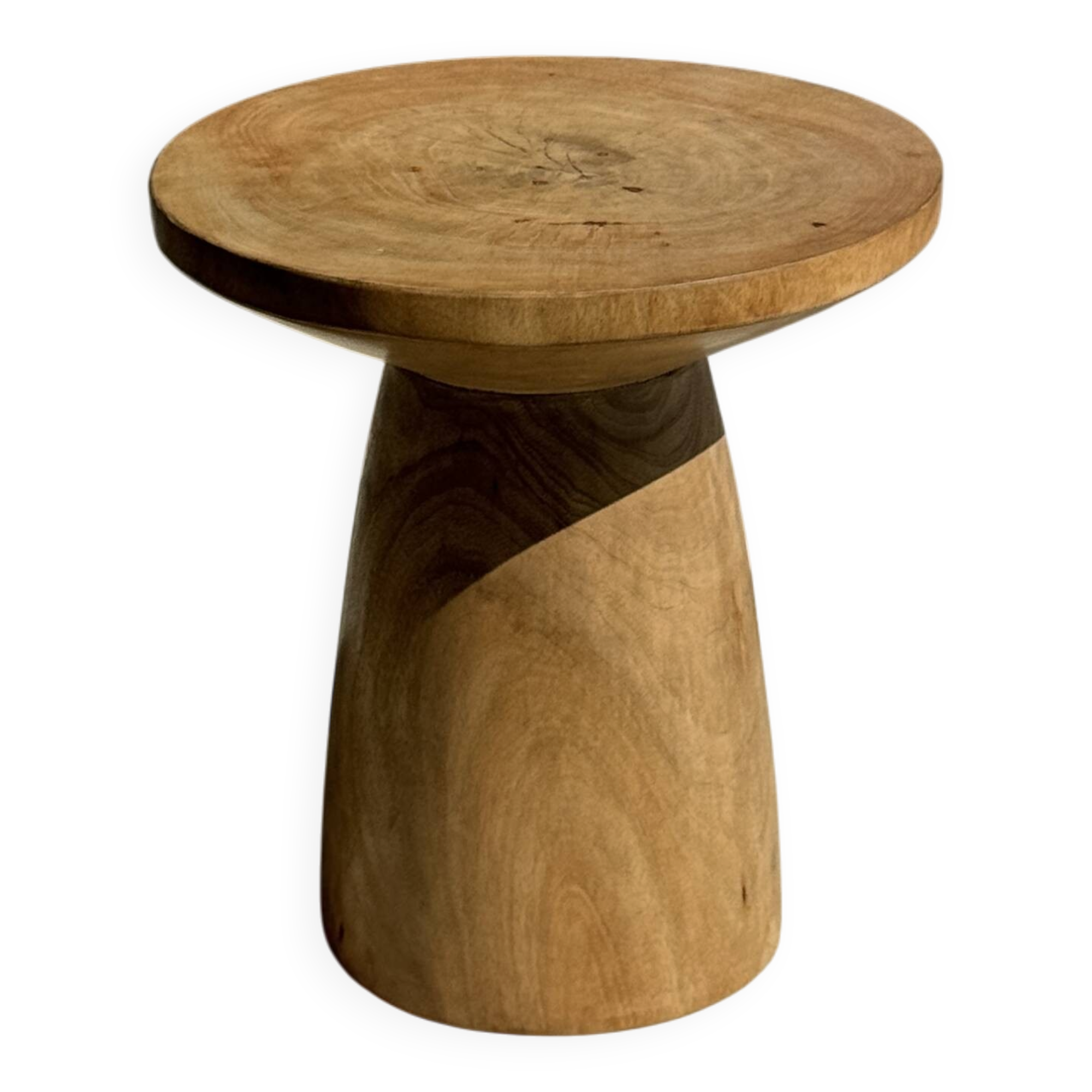 Natural solid mango side table (monoxyle) with conical legs.