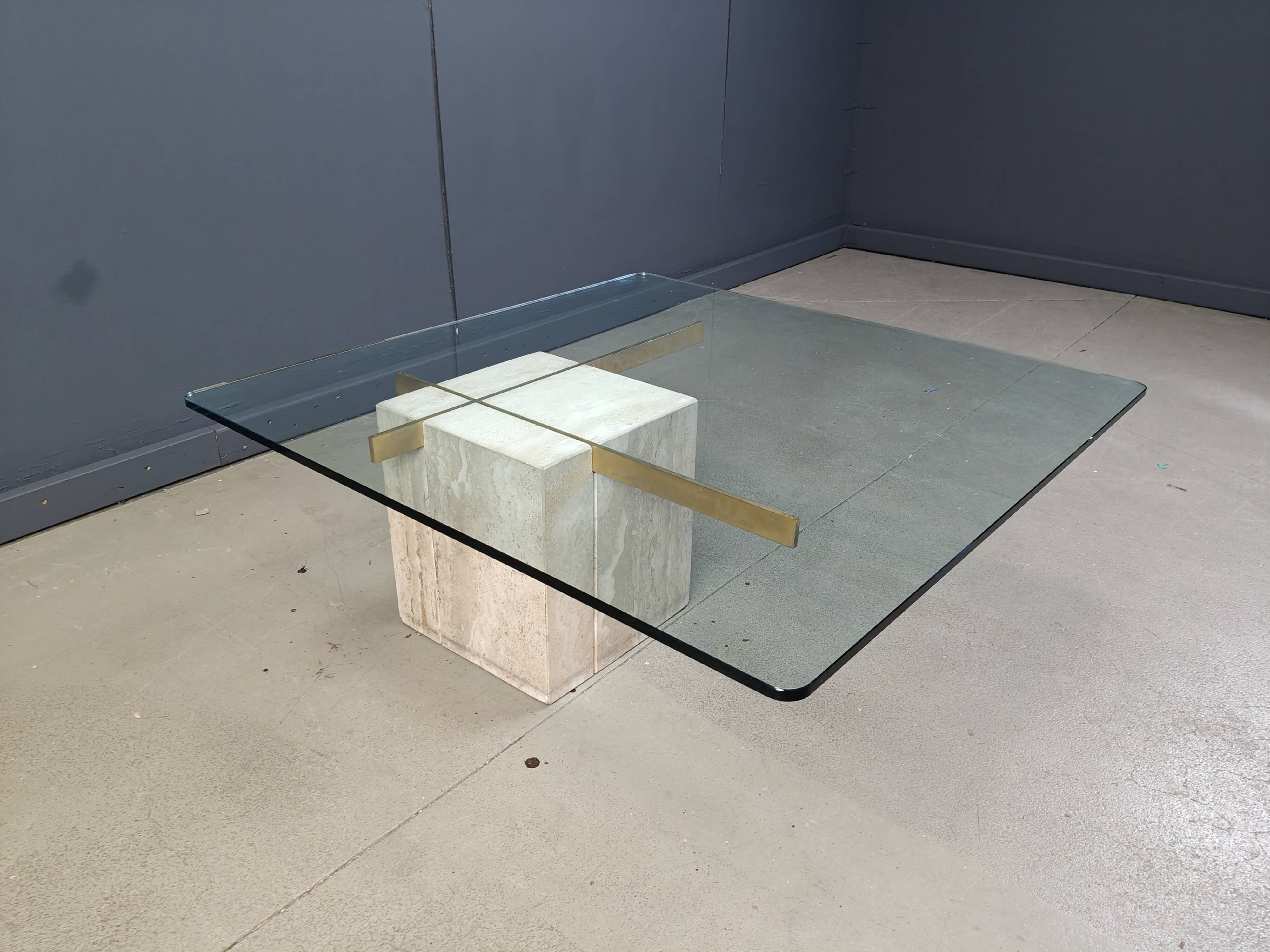 Travertine and brass coffee table by Artedi, 1980s