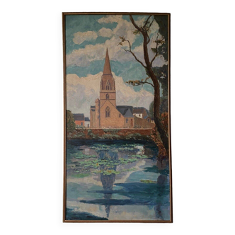 Oil on panel by Coran d'Ys 20th century representing a church