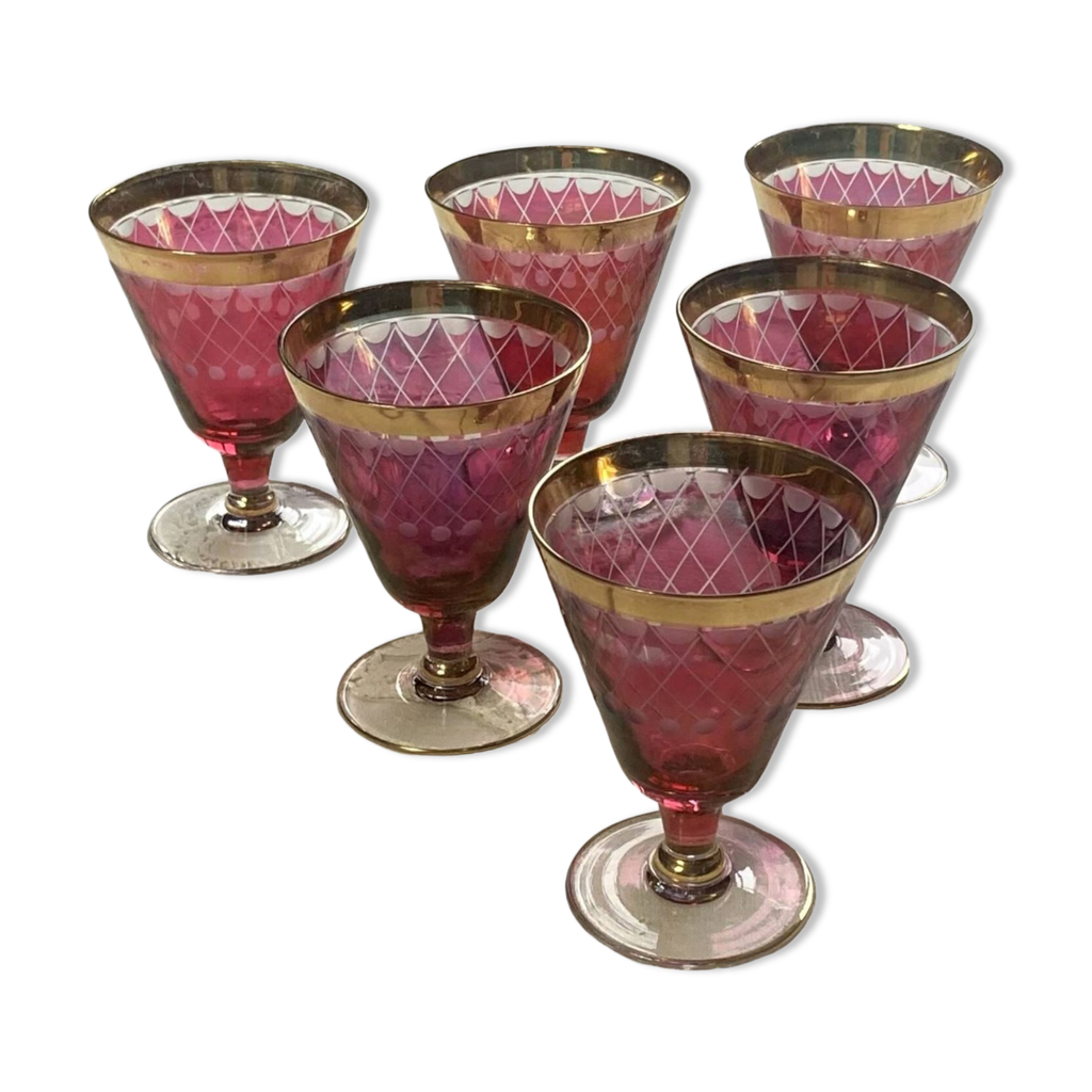 Lot de 6 verres moyens taillés rouge/grenat et dorure ancien ACC-7054 ...