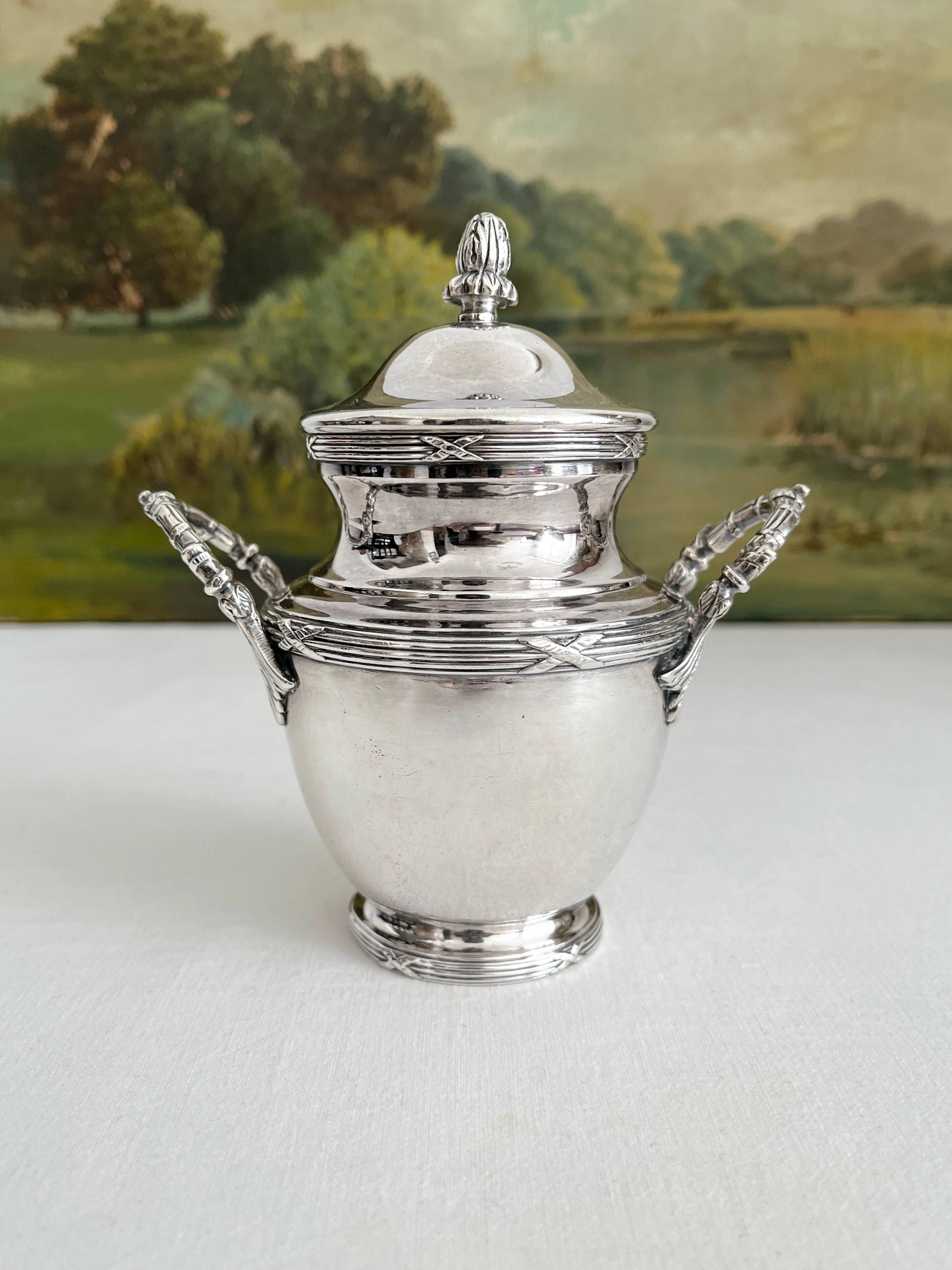 Antique monogrammed silver-plated metal sugar bowl