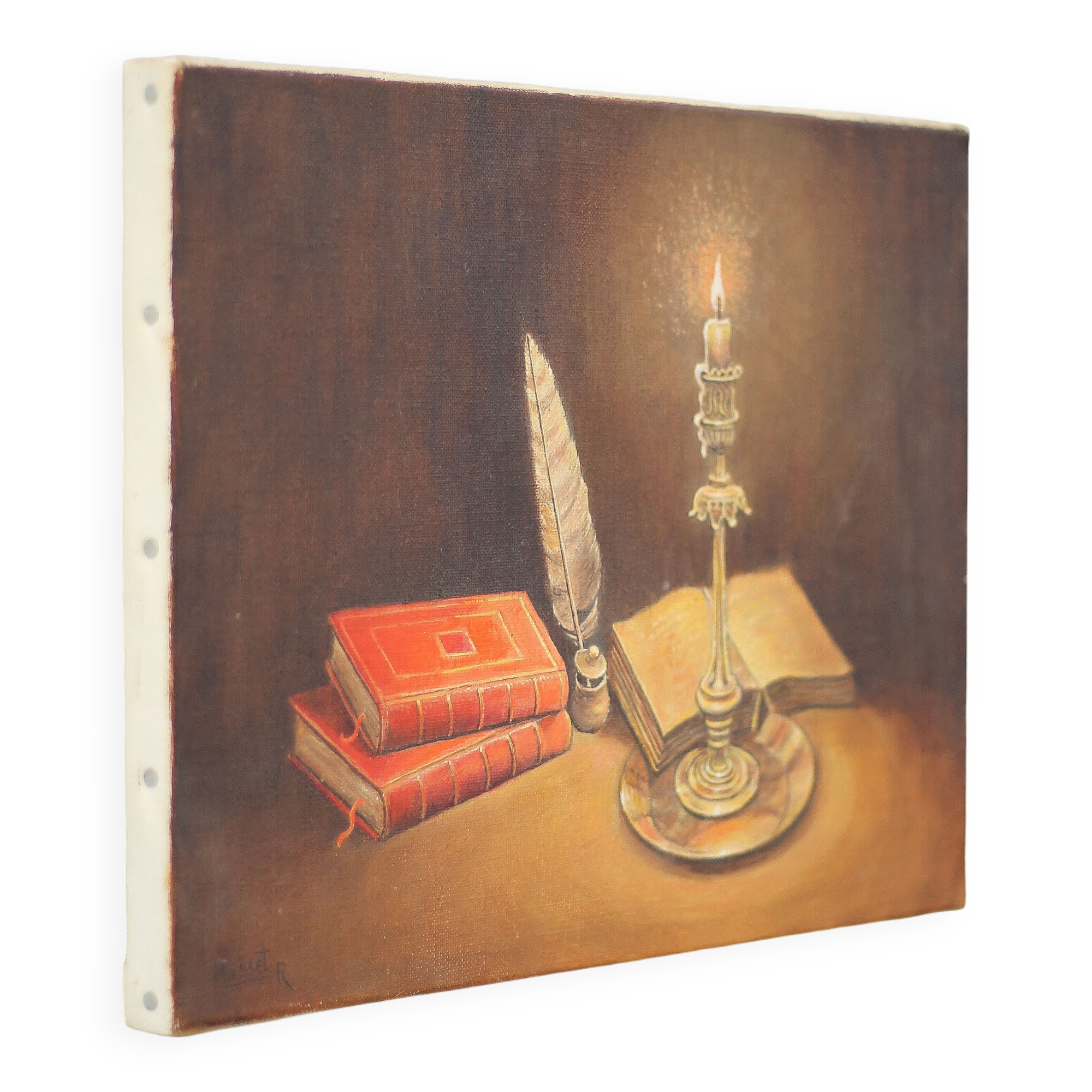Signed still life painting, oil painting, books with candle