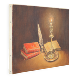 Signed still life painting, oil painting, books with candle