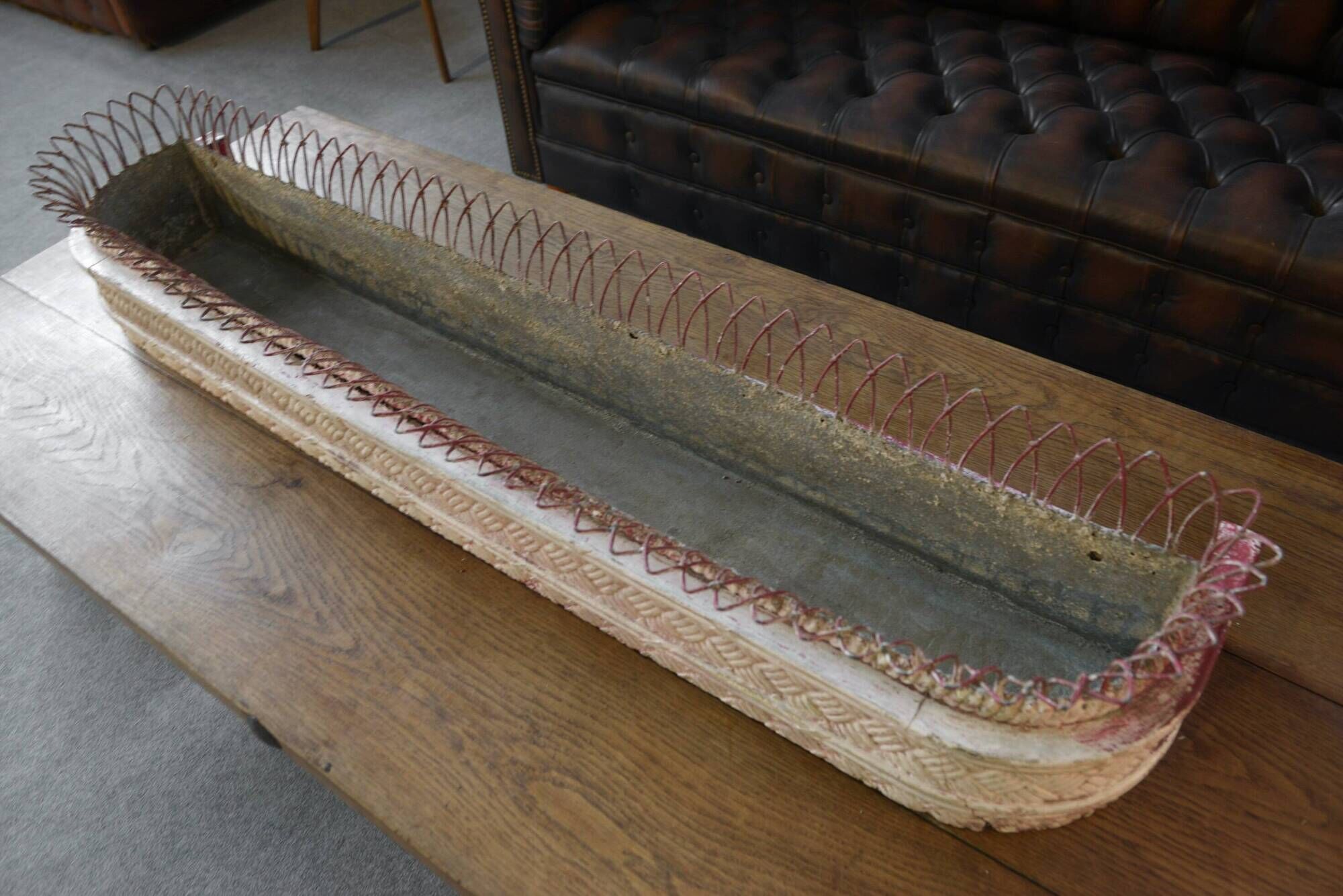 Long zinc and wood planter with a white patina from the early 20th century.