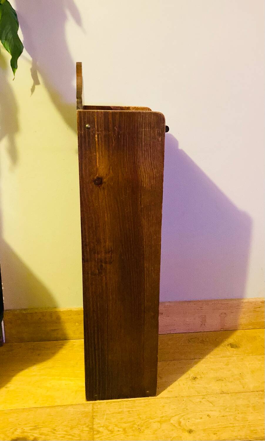 1980s solid wood bread bin decorated with a golden wheat sheaf