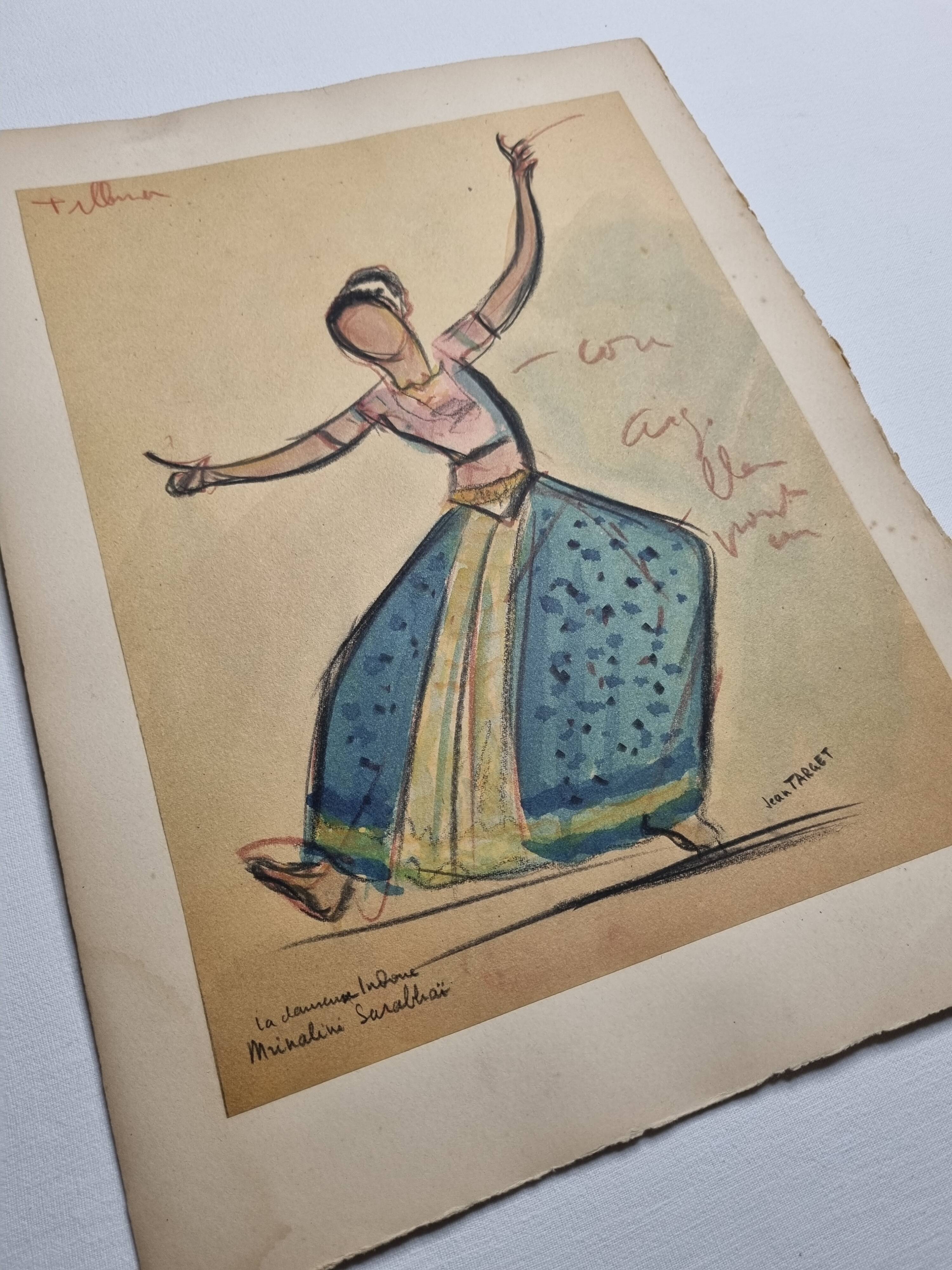 Sketch of Mrinalini Sarabhai, original drawing by Jean Target, 1950s, 38 cm x 28.5 cm