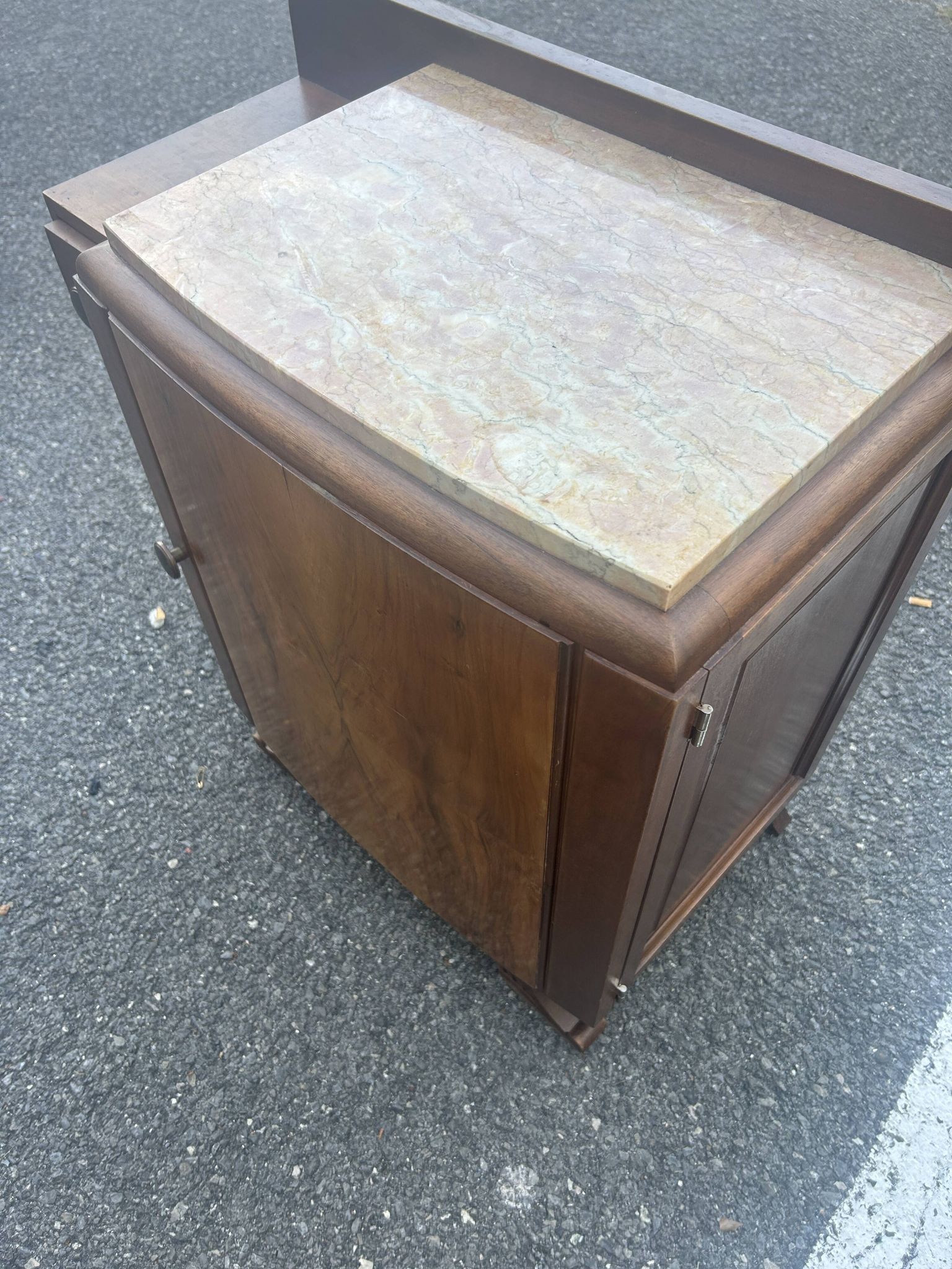 Art Deco bedside table in flamed walnut, marble top – 1930s