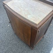 Art Deco bedside table in flamed walnut, marble top – 1930s