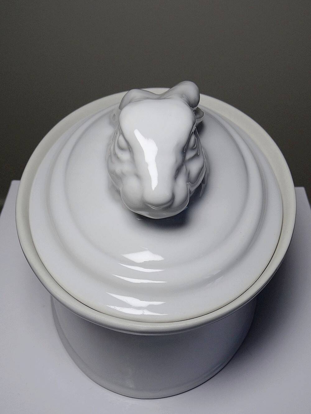 Large vintage white earthenware terrine with hare or rabbit head