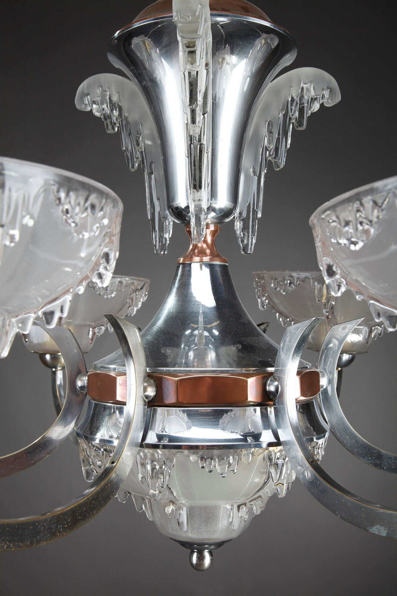 Art Deco chandelier in nickel-plated metal and copper
