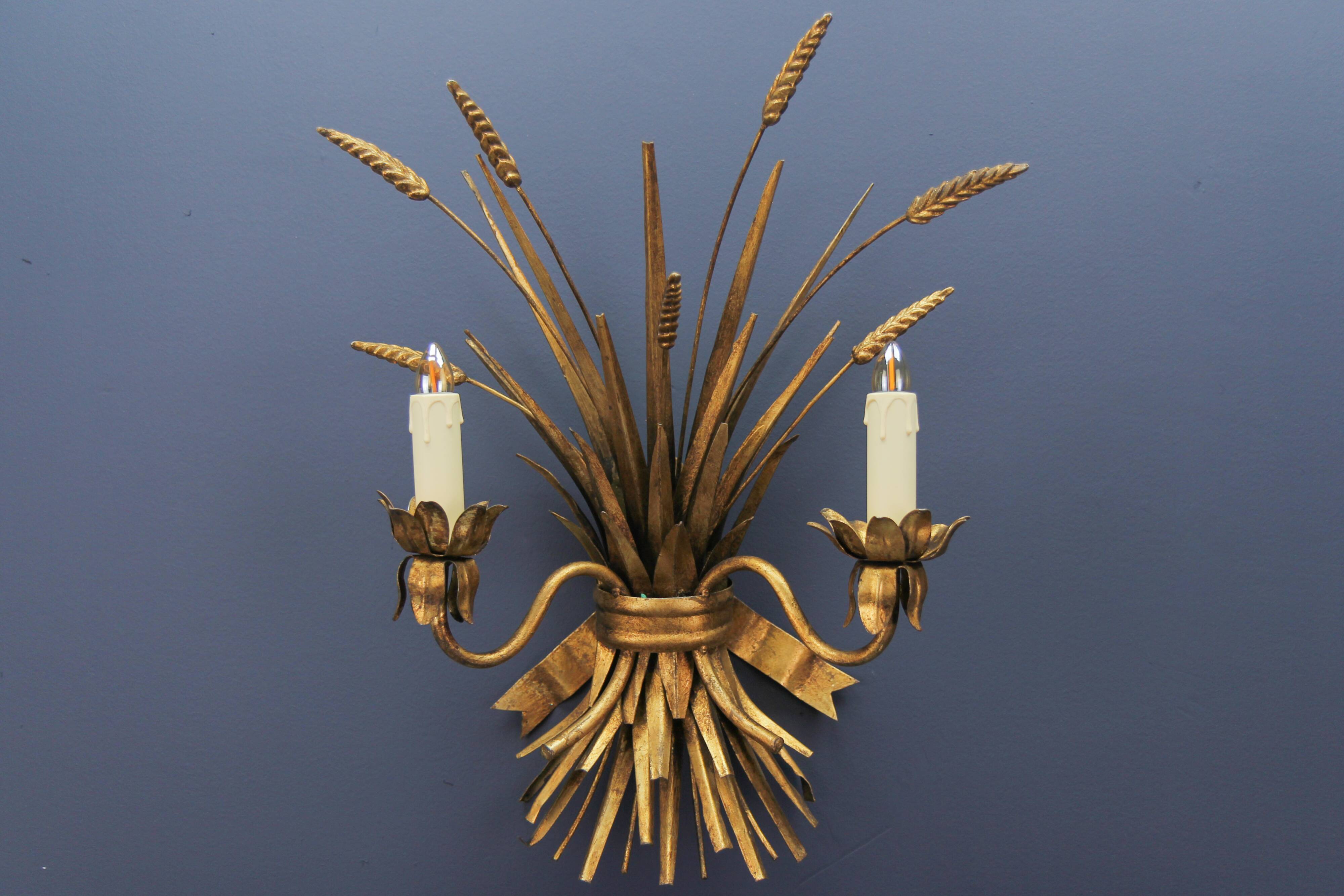 Gilt metal wheat sheaf two-light wall sconce