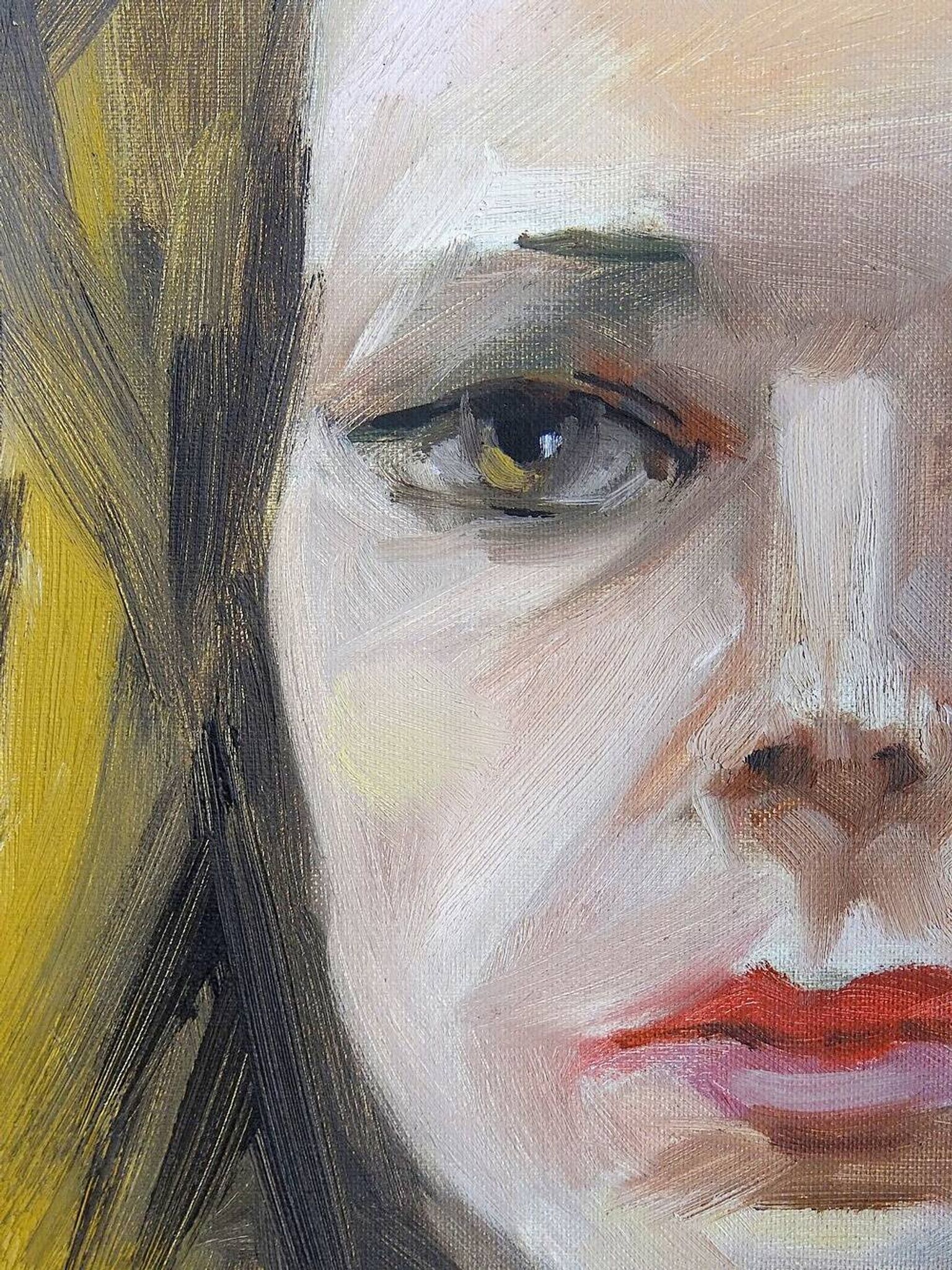 Portrait "The Woman in Green" vintage oil on canvas board framed