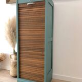 Meuble classeur à rideau des années 70, Vert Céladon et bois