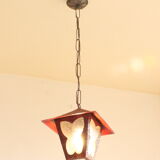 Amsterdam School style butterfly lantern in hammered sheet metal and glass, 1940s