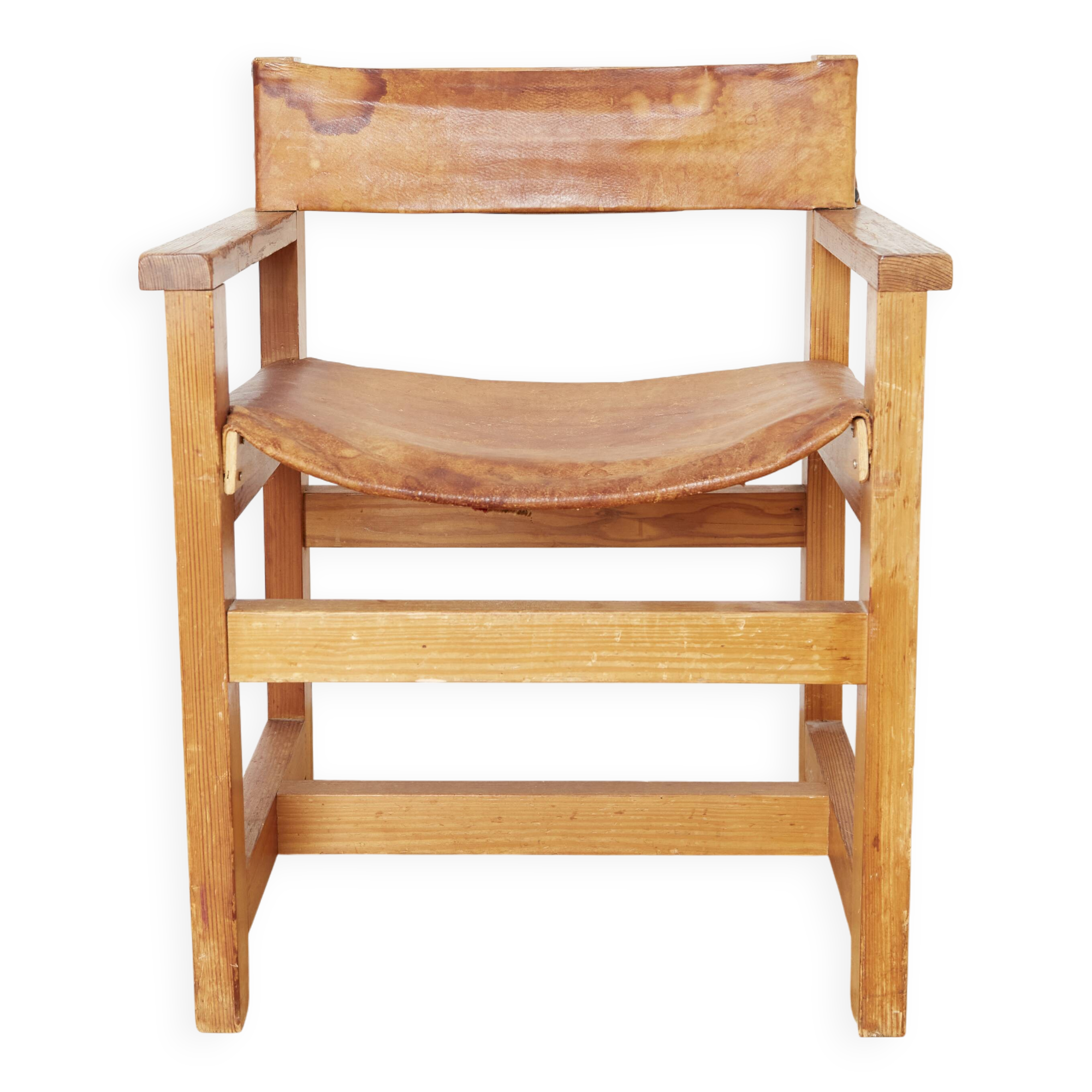 Chaise avec accoudoirs en pin massif et cuir de selle de Biosca