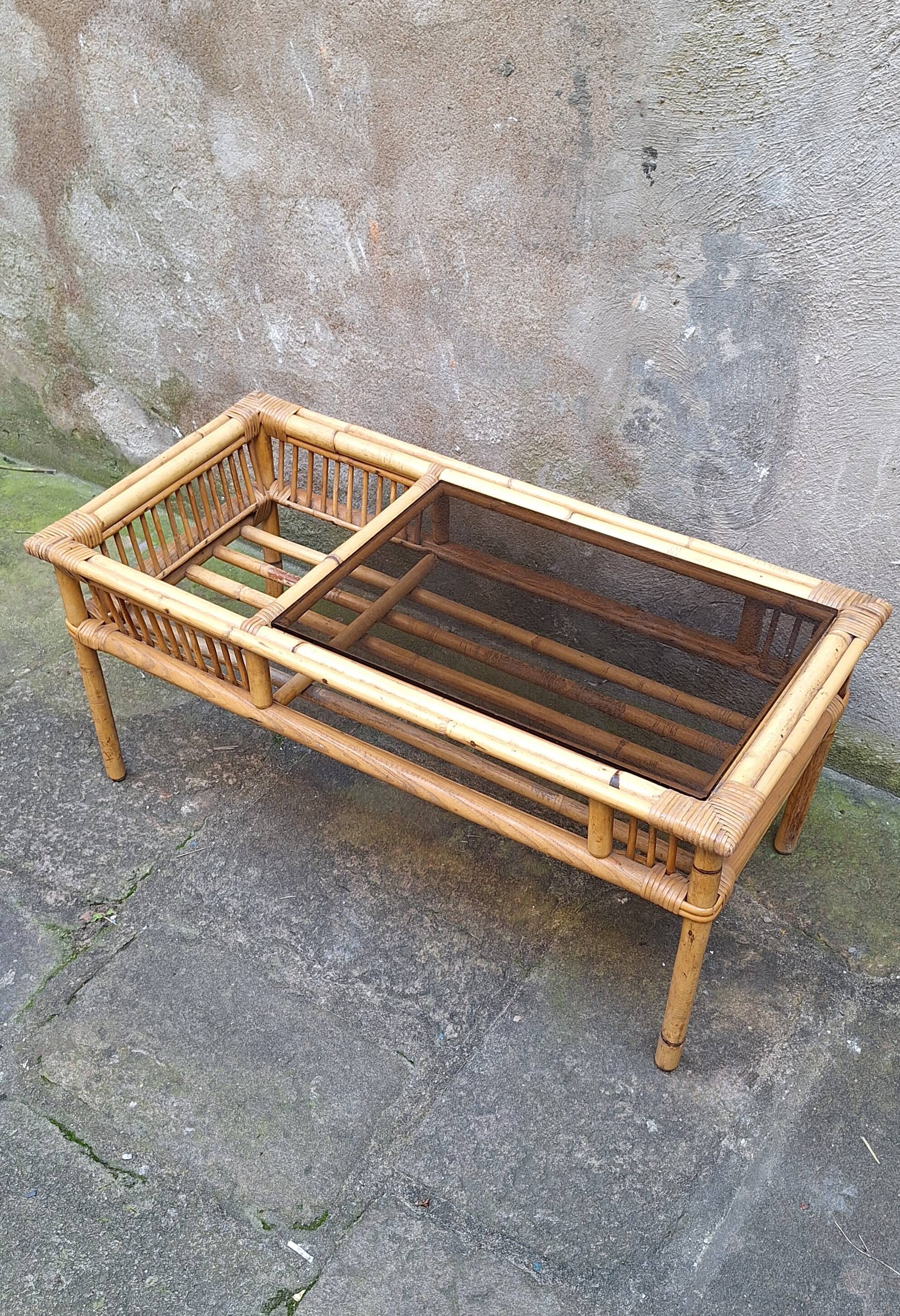 Rattan and smoked glass coffee table