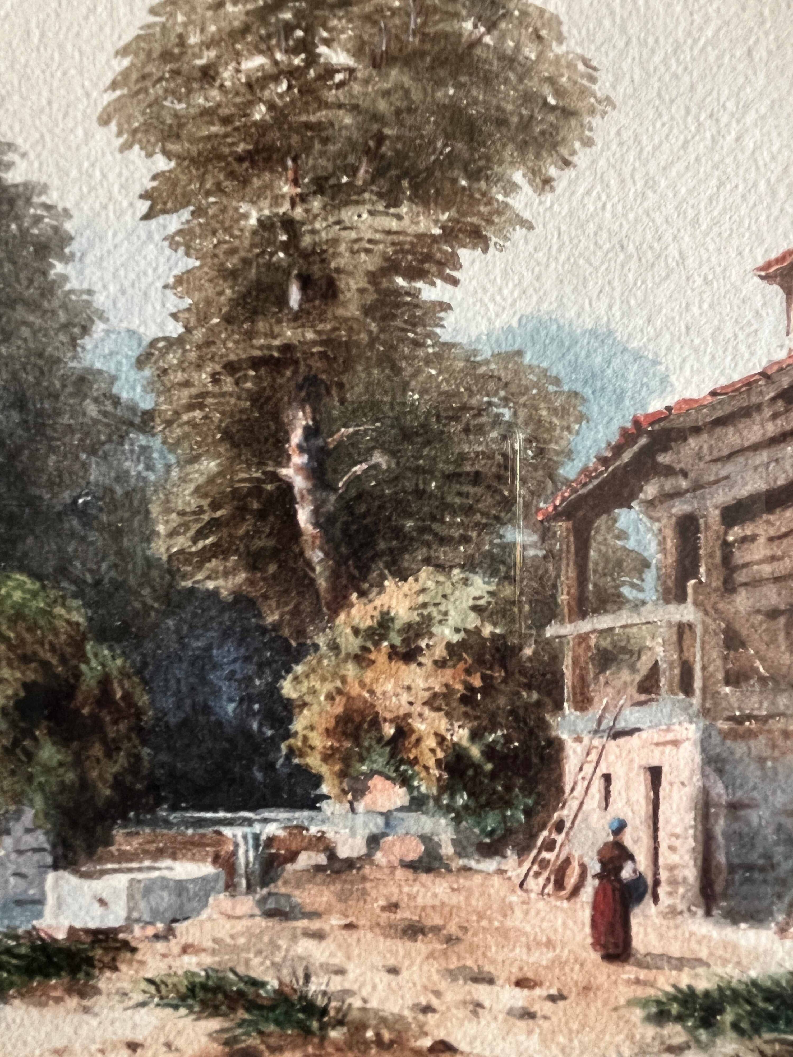 Watercolour painting by M. Romany (?) 1891, tree-lined and lively farmyard.