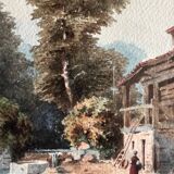 Watercolour painting by M. Romany (?) 1891, tree-lined and lively farmyard.