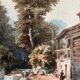 Tableau Aquarelle M. Romany (?) 1891 cour de ferme arborée et animée