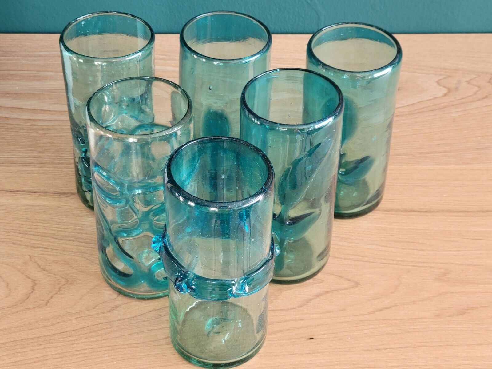 6 orangeade glasses in bubbled blown glass color duck blue