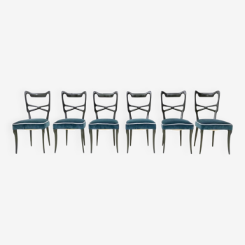 Ensemble vintage de six chaises de salle à manger en velours bleu, Italie