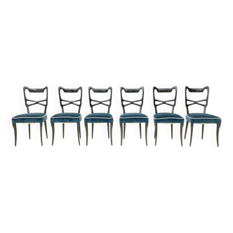 Vintage Set of Six Blue Velvet Dining Chairs, Italy