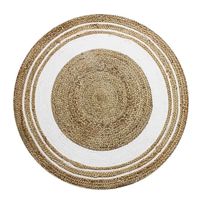 Tapis en jute et coton rond blanc beige 90 cm
