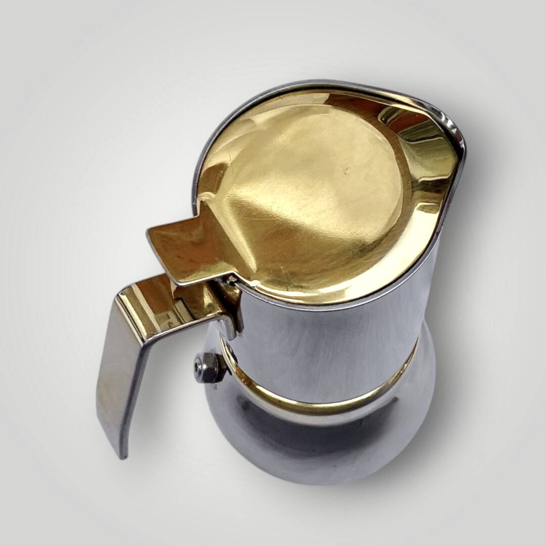 Antique Italian Stella coffee maker – size 2 – stainless steel and gold metal