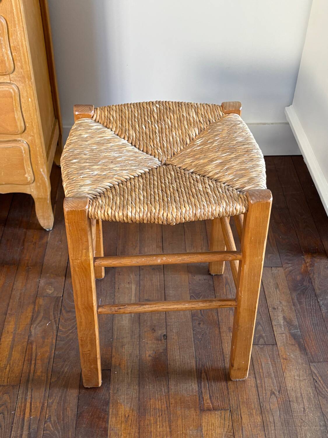 Wooden and straw stool