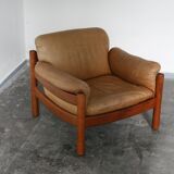 Teak and leather club armchairs