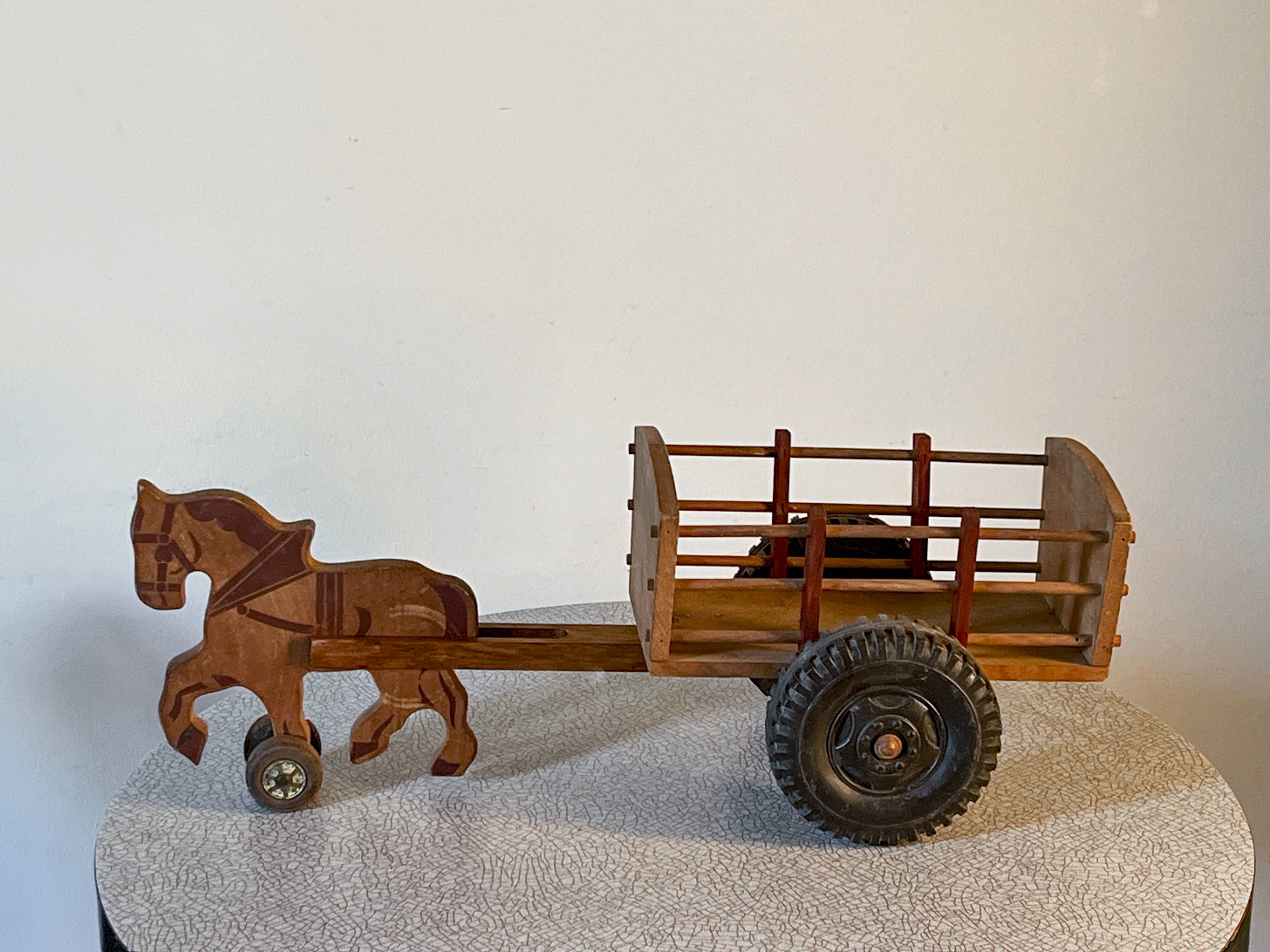 Antique wooden pull-along toy, horse and cart, 1960s