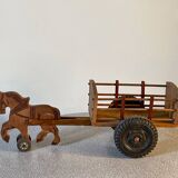 Antique wooden pull-along toy, horse and cart, 1960s