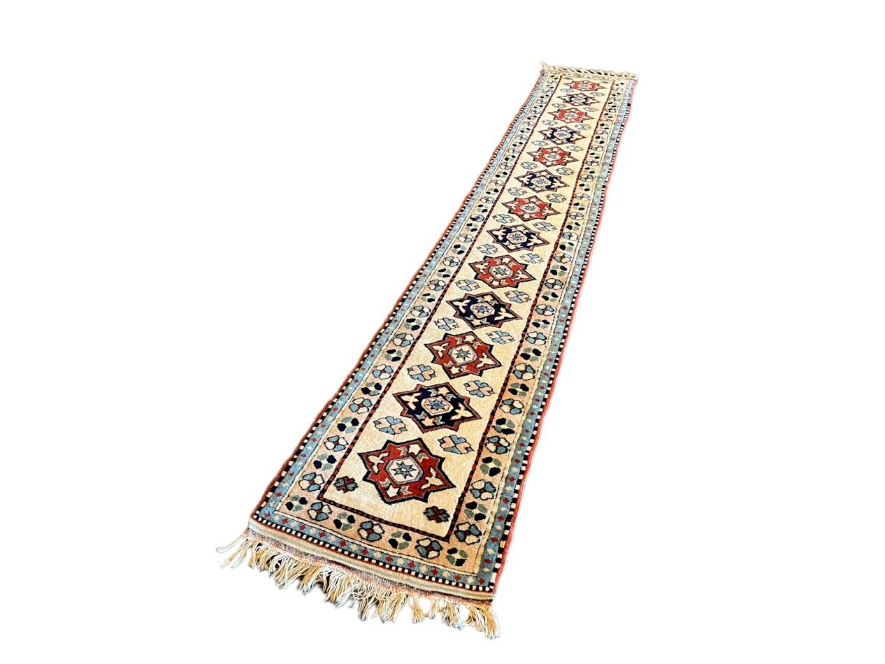Baby Blue and Beige Long Vintage Hallway Runner
