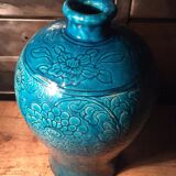 Vase grès émaillé bleu turquoise décor floral