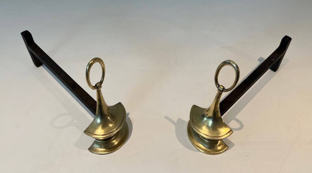 Pair of Bronze Chenets in Neoclassical Style in the Form of an Oil Lamp