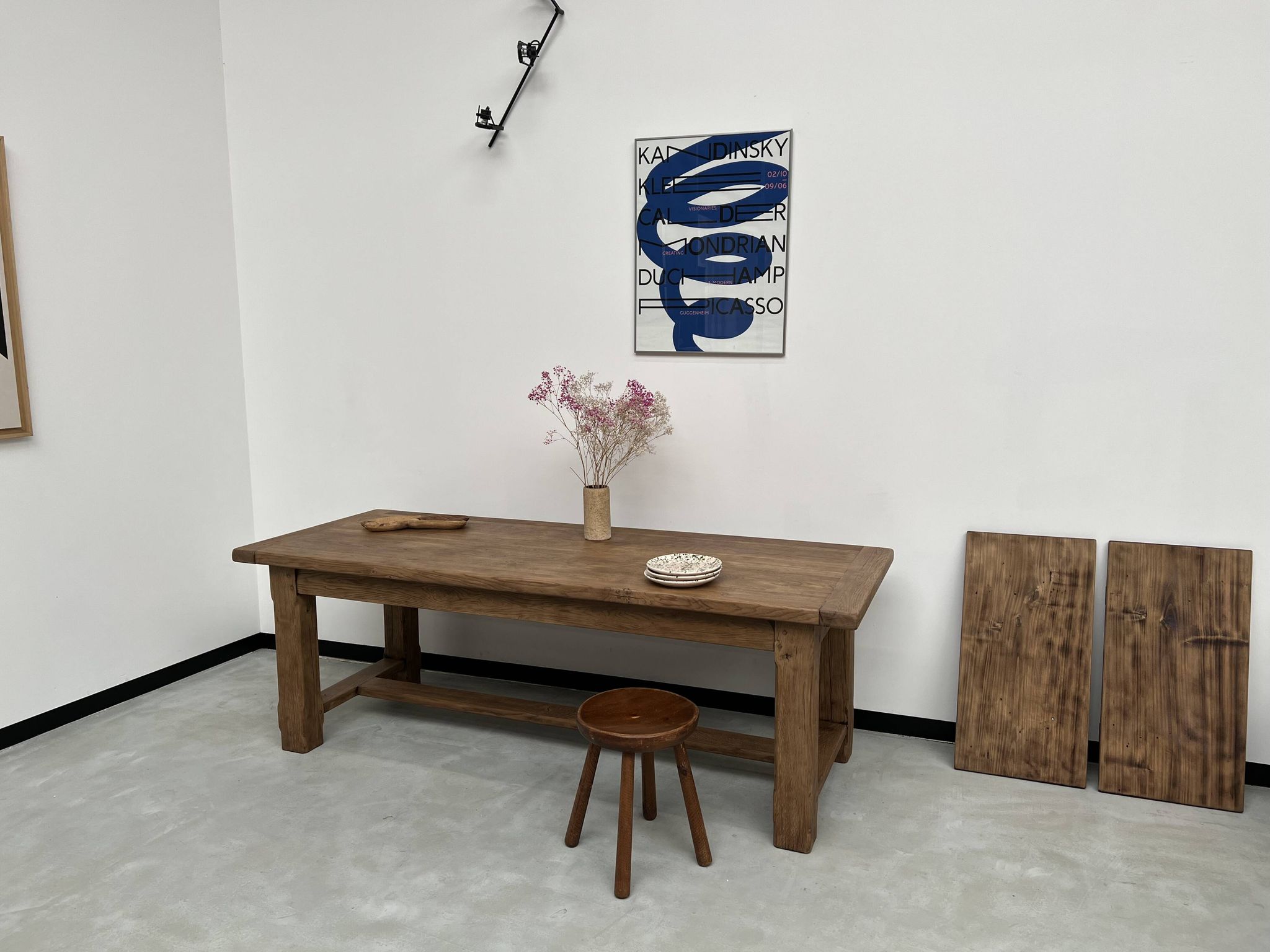 Large solid oak farm table with its extensions, 1950s