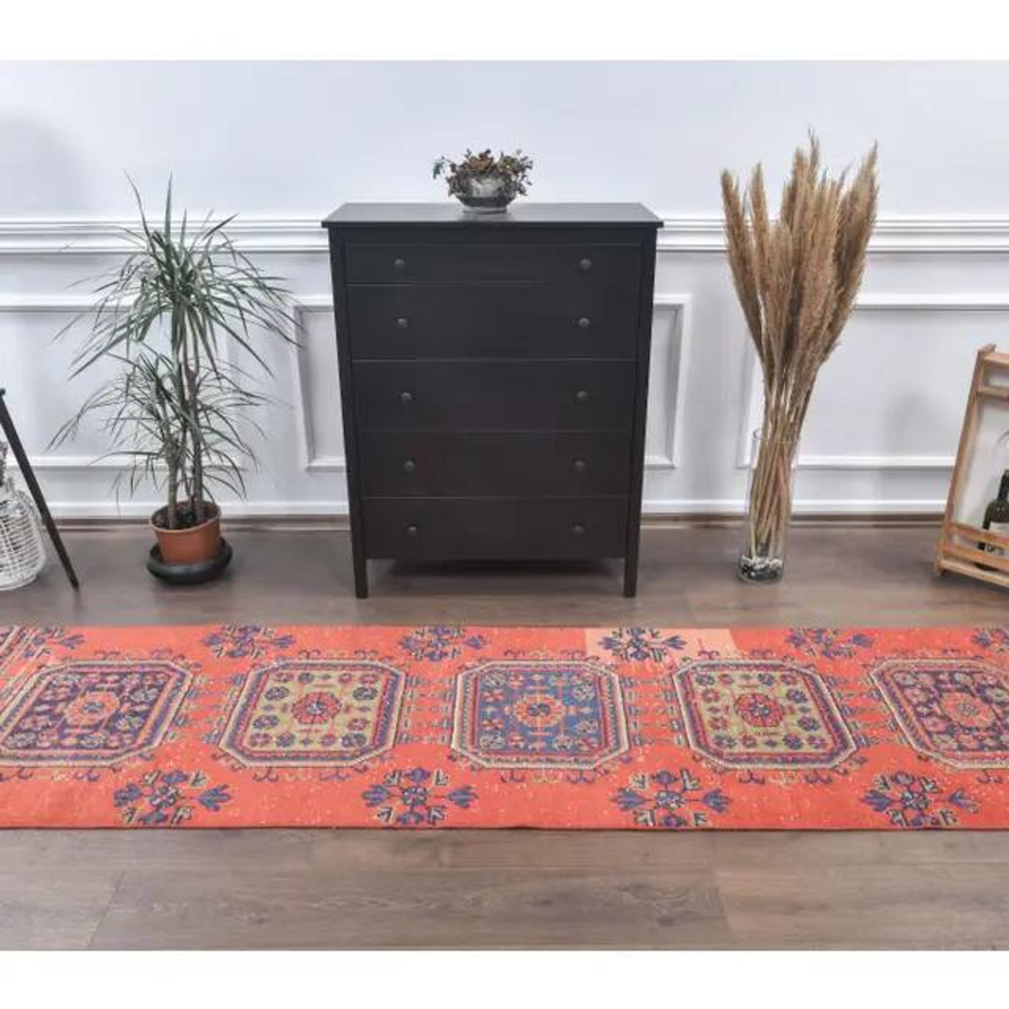 1980s Vintage Turkish Hand-Knotted Floral Runner 82x346