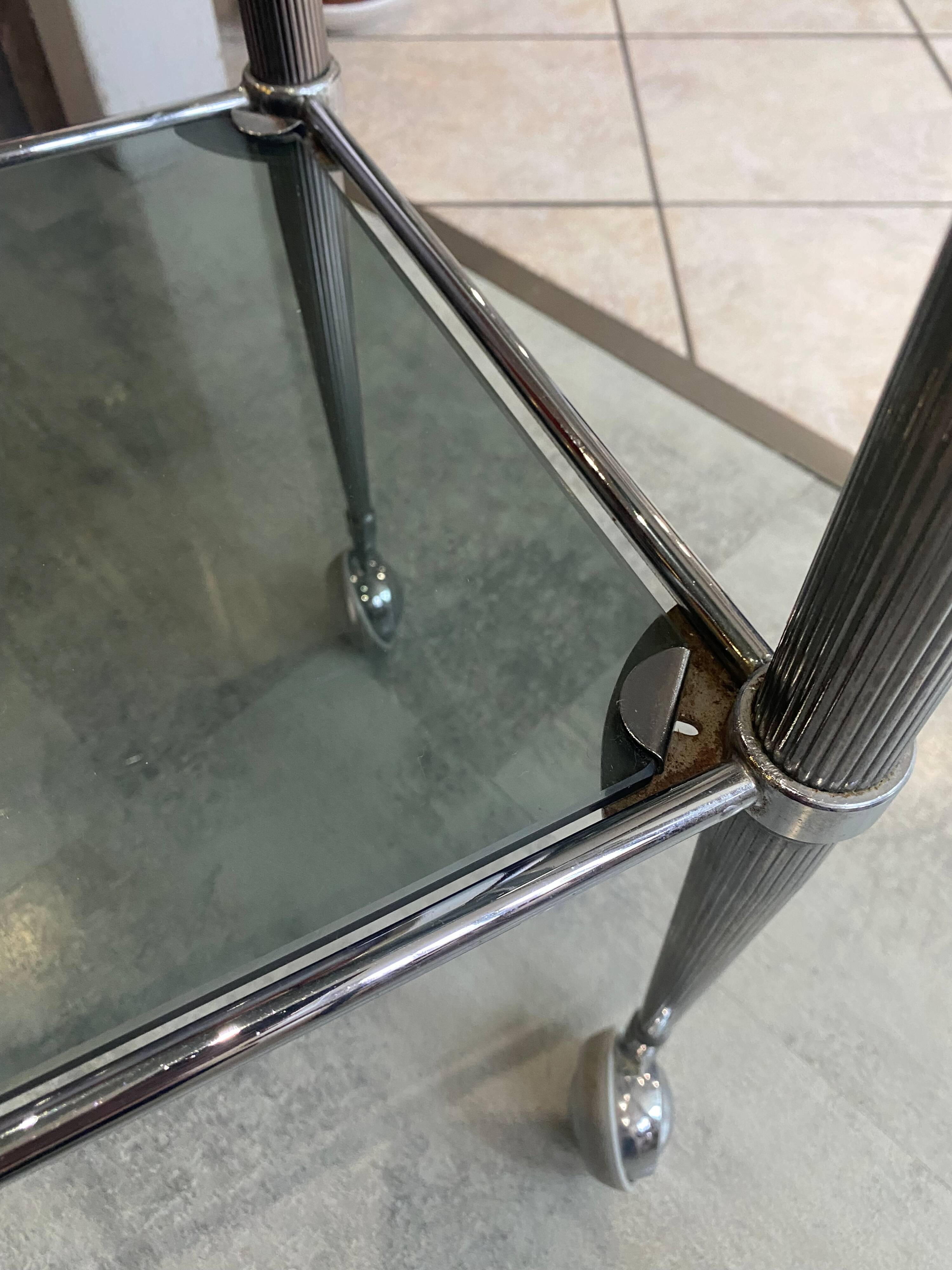 Vintage 1950s silver metal bar cart with wheels and two glass shelves